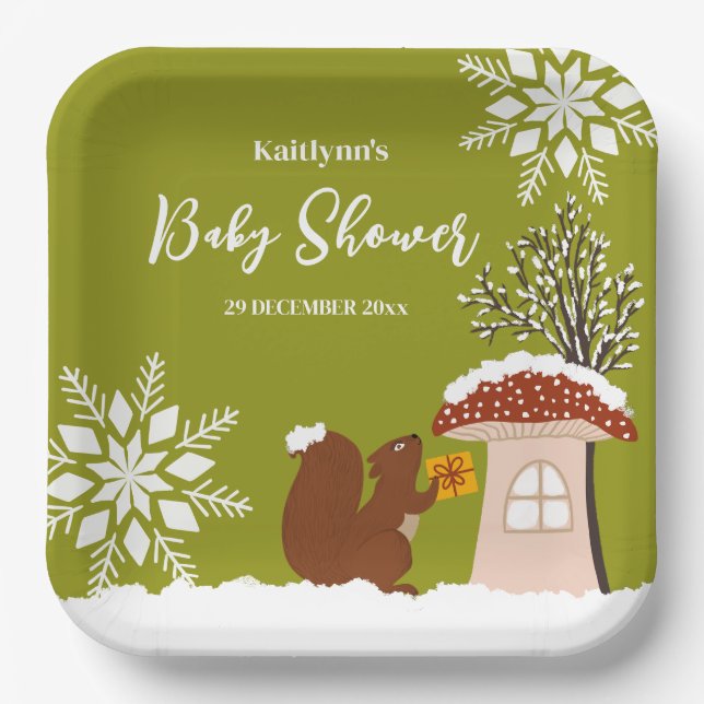 Fluffy Squirrel Gift Winter Baby Shower Paper Plate (Front)
