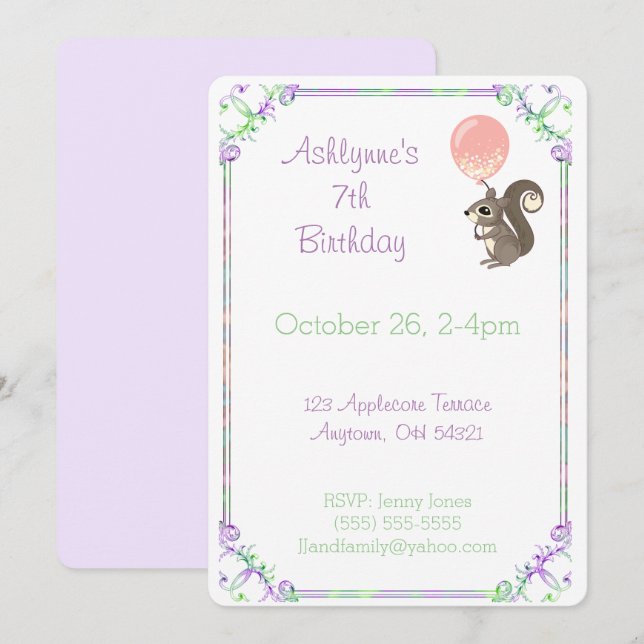 Fluffy Squirrel with Pink Balloon Birthday Custom Invitation (Front/Back)
