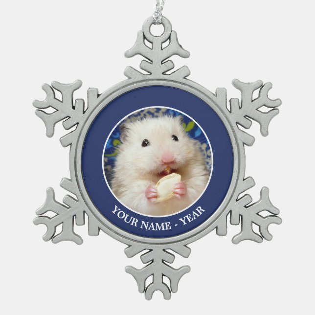 Fluffy Syrian Hamster Kokolinka Snowflake Pewter Christmas Ornament (Front)