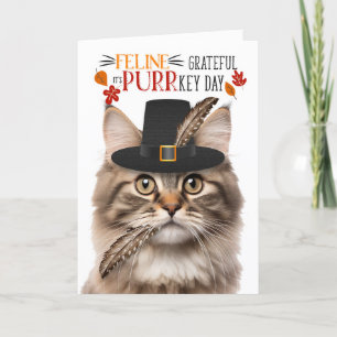 Fluffy Tabby Cat Feline Grateful for PURRkey Day Holiday Card