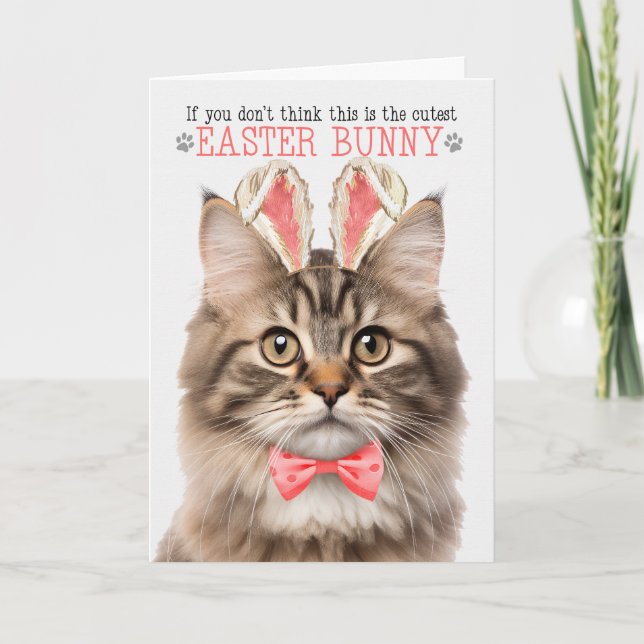 Fluffy Tabby Cat in Bunny Ears for Easter Holiday Card (Front)