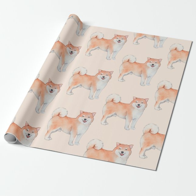 Fluffy Tail Kawaii Water Colour Shiba Inu Doggo Wrapping Paper (Unrolled)