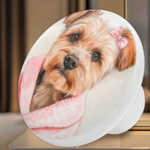Fluffy Terrier in Pink Robe Watercolor Ceramic Knob
