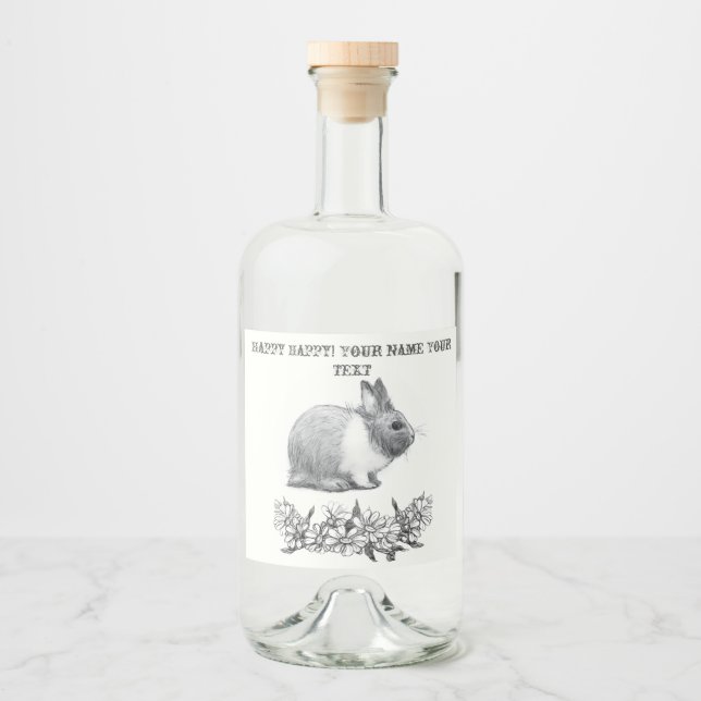 Fluffy the rabbit. Pencil drawing Monochrome Black Liquor Bottle Label (Front)