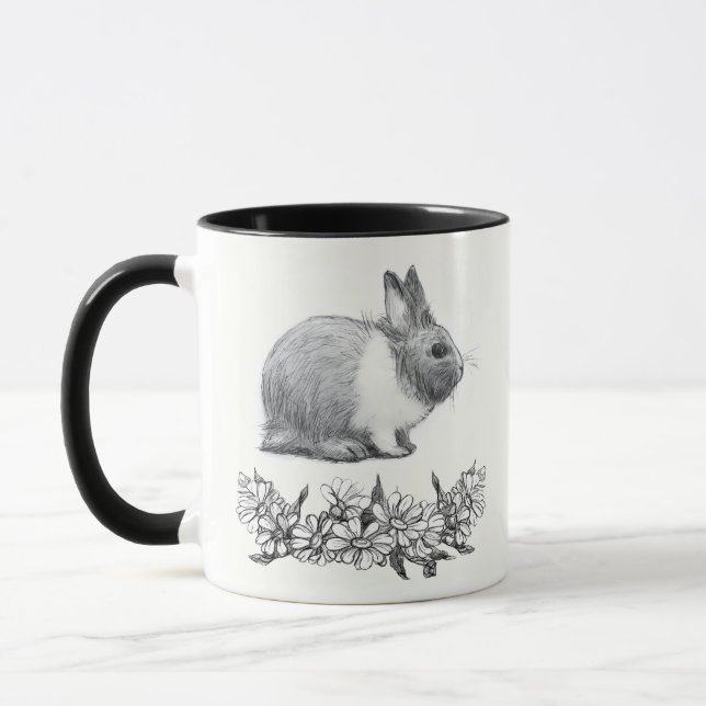 Fluffy the rabbit. Pencil drawing Monochrome Black Mug (Left)