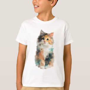 Fluffy Watercolor Calico Cat Kids T-Shirt
