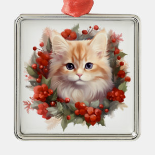 FLUFFY WATERCOLOR HOLIDAY CHRISTMAS ORANGE CAT METAL TREE DECORATION