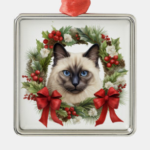 FLUFFY WATERCOLOR HOLIDAY CHRISTMAS SIAMESE CAT METAL TREE DECORATION