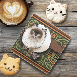 Fluffy Welcome Siamese Cat Mouse Vintage Glass Coaster