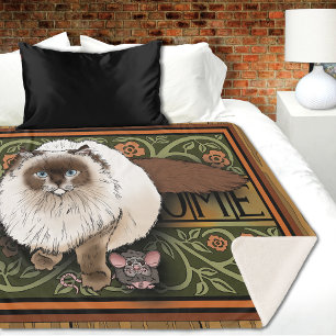 Fluffy Welcome Siamese Cat Mouse Vintage Sherpa Blanket