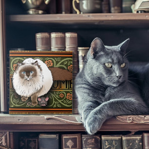 Fluffy Welcome Siamese Cat Mouse Vintage Tile