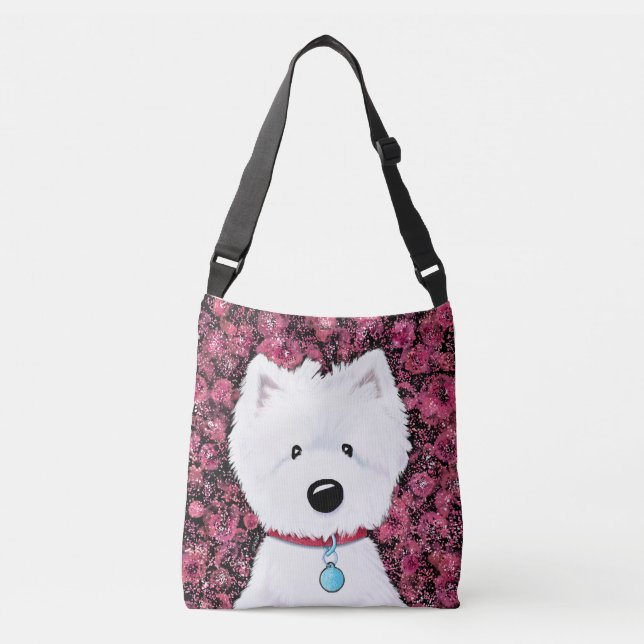 Fluffy Westie Floral Impressions Crossbody Bag (Front)