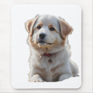 Fluffy White and Tan Puppy Portrait Mouse Mat