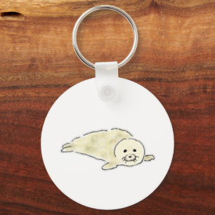 Fluffy White Baby Harp Seal Lying Down Key Ring