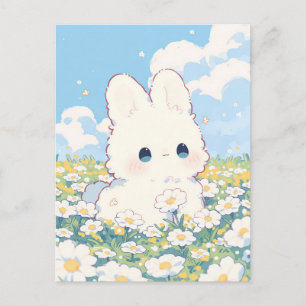 Fluffy White Bunny Daisy Meadow Illustration Postcard
