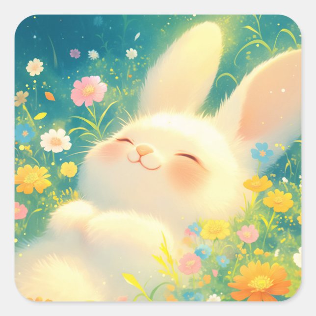 Fluffy White Bunny Sleeping in Colourful Wildflowe Square Sticker (Front)