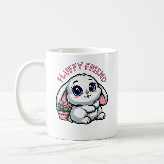 Fluffy White Bunny with Plant Pot Coffee Mug (Left)