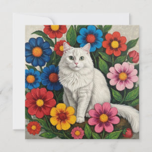 Fluffy White Cat and Folk Art Flowers