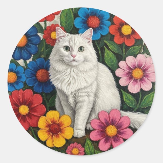 Fluffy White Cat and Folk Art Flowers Classic Round Sticker (Front)
