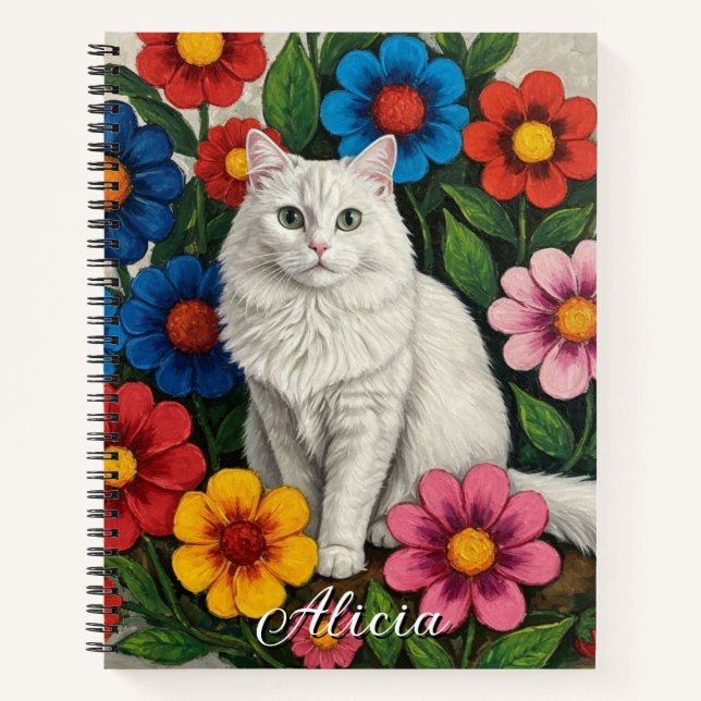 Fluffy White Cat and Folk Art Flowers Notebook (Front)