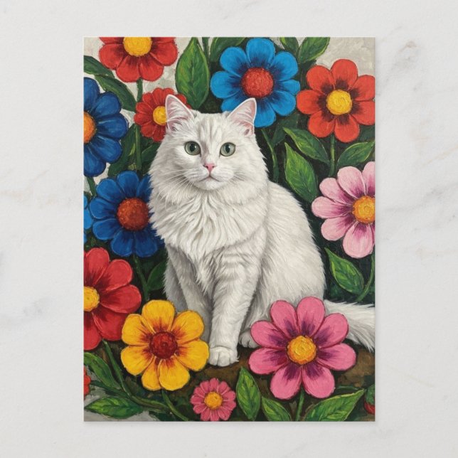 Fluffy White Cat and Folk Art Flowers Postcard (Front)