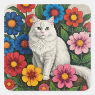 Fluffy White Cat and Folk Art Flowers Square Sticker
