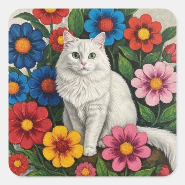 Fluffy White Cat and Folk Art Flowers Square Sticker (Front)