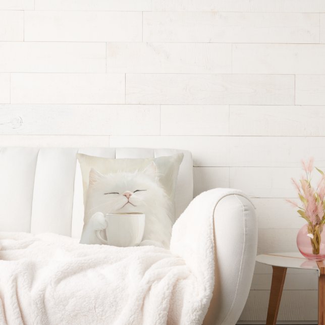 Fluffy White Cat Drinking Coffee – Cosy Whimsical Cushion (Couch)