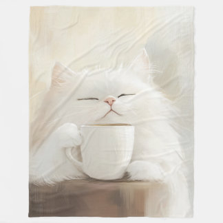 Fluffy White Cat Drinking Coffee – Cosy Whimsical Fleece Blanket