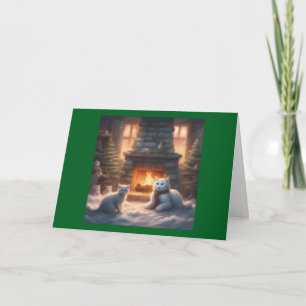 Fluffy white cat family Christmas Card