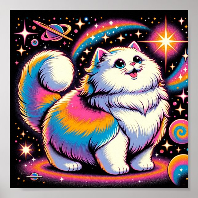 Fluffy White Cat in Space Poster (Front)
