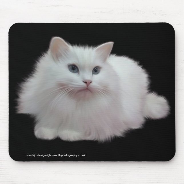 Fluffy White Cat Mouse Mat (Front)