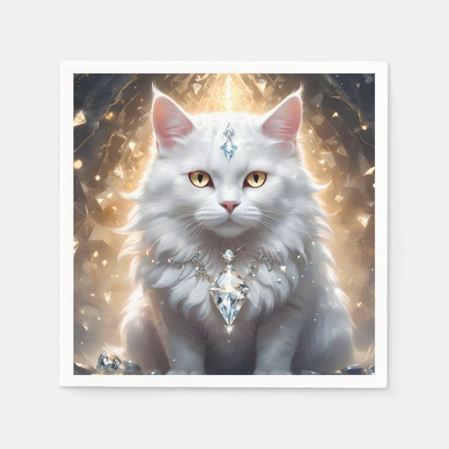 Fluffy White Diamond Wearing Persian Cat, Napkin (Front)