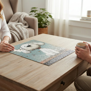 Fluffy White Dog Red Collar Whimsical Art Jigsaw Puzzle