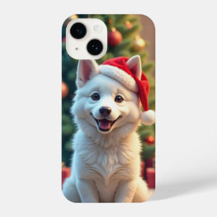 Fluffy white dog wearing a red Santa hat iPhone 14 Case
