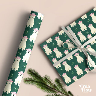 Fluffy White Dog with pink Cowgirl hat Christmas Wrapping Paper