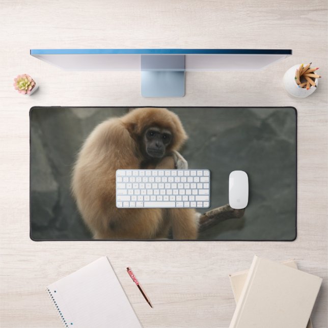 Fluffy white-handed lar gibbon desk mat (Office 1)