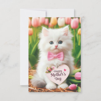 Fluffy White Kitten in Tulip Field Mother's Day Card