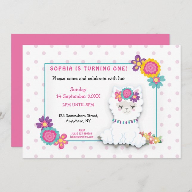 Fluffy White Llama Polka Dot First Birthday Party Invitation (Front/Back)