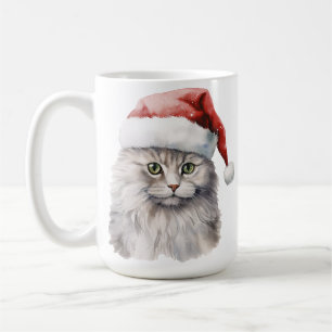 FLUFFY WHITE LONG HAIRED CAT WITH SANTA HAT COFFEE MUG