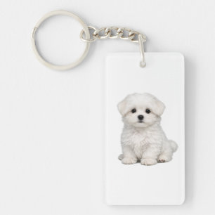 Fluffy White Maltese Puppy Portrait Cute Dog Lover Key Ring