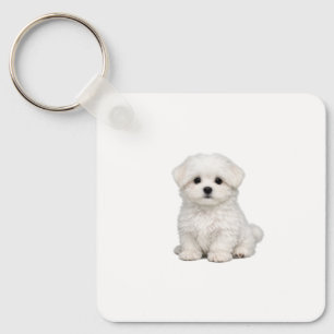 Fluffy White Maltese Puppy Portrait Cute Dog Lover Key Ring