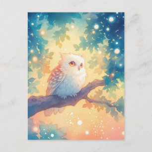 Fluffy White Owl in Magical Forest Postcard