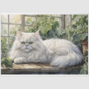 Fluffy White Persian Cat in a Garden Decoupage Tissue Paper