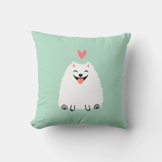 Fluffy White Pomeranian with Valentine Heart Cushion (Front)