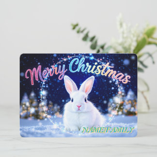 Fluffy White Rabbit in Magical Winter Forest Holiday Card