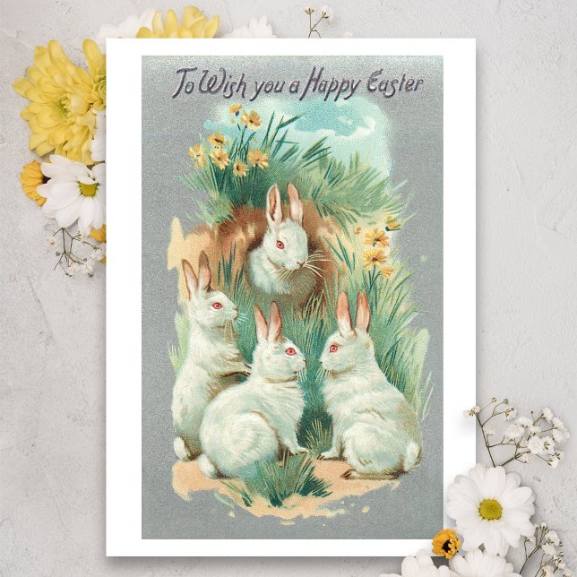Fluffy White Vintage Easter Bunnies Holiday Card (Creator Uploaded)