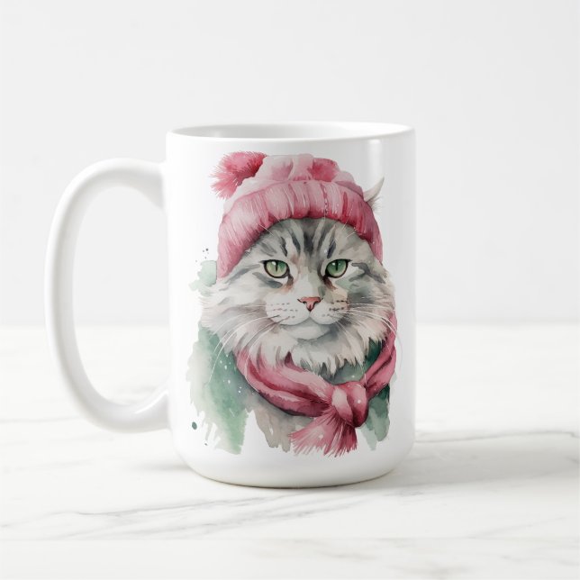 FLUFFY WINTER CAT GREEN & BLUE HAT SCARF COFFEE MUG (Left)