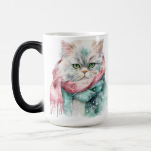 FLUFFY WINTER CAT GREEN & BLUE HAT SCARF MAGIC MUG
