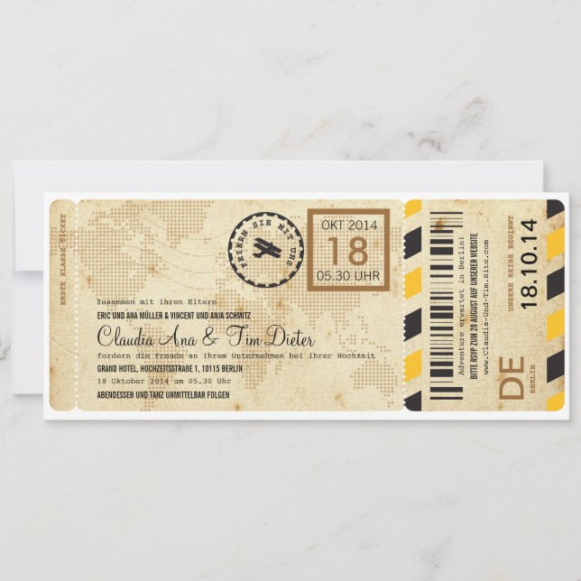 Flugzeug Bordkarte Ticket Hochzeitseinladung Invitation (Front)